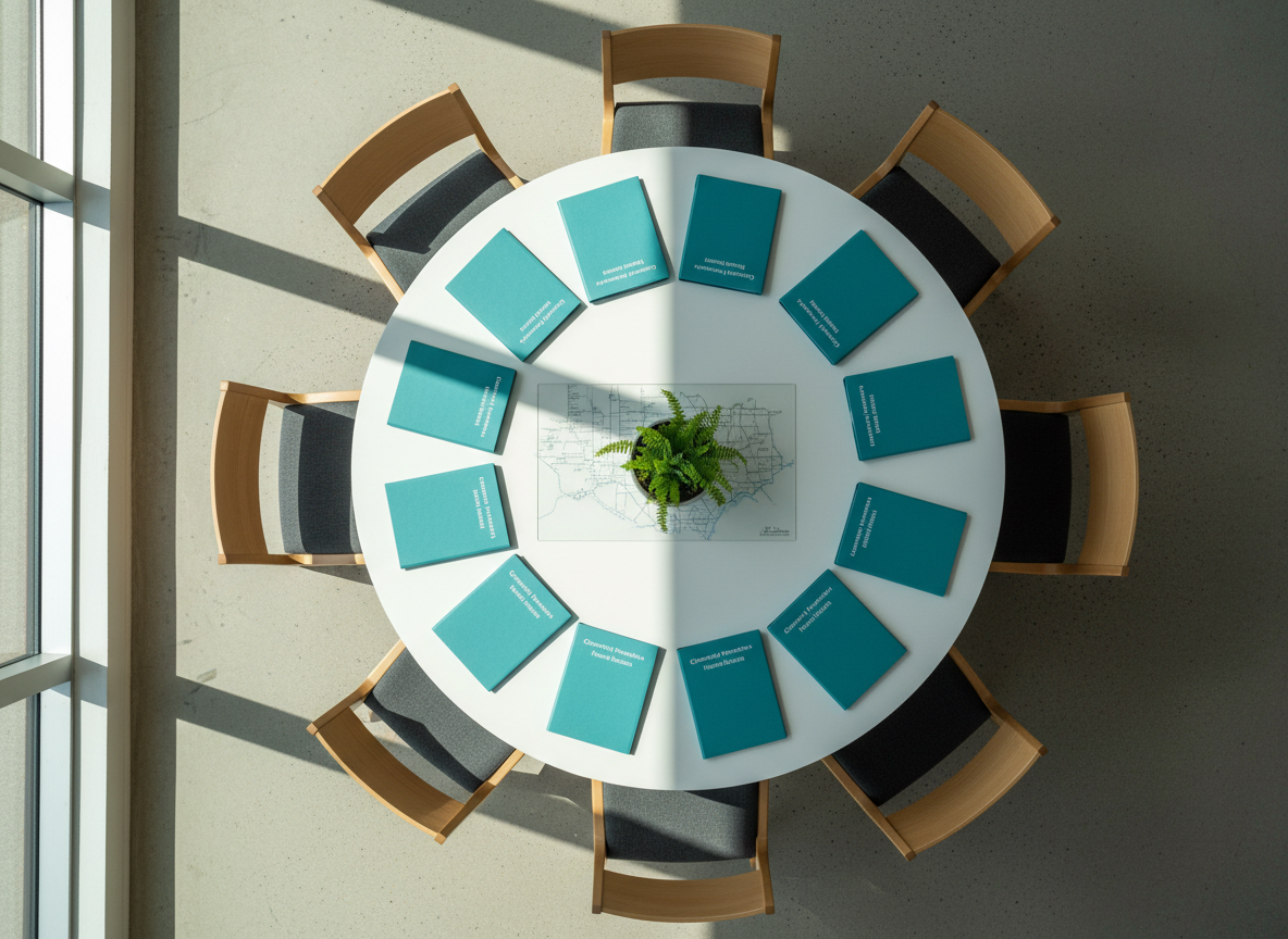 An overhead view of a large, round, white conference table in a modern nonprofit office, surrounded by empty light-wood chairs with soft charcoal-gray cushions. At the center of the table, a neatly arranged cluster of teal folders, each labeled “Community Partners – Mental Health Initiatives,” encircles a small, thriving green plant in a matte ceramic pot. A faint outline map of Austin’s neighborhoods is printed on a translucent desk pad beneath the items. Soft morning light from tall windows to one side illuminates the scene, creating subtle shadows and a sense of fresh beginnings. The composition is symmetrical from a bird’s-eye perspective, emphasizing collaboration, organization, and united effort in a clean, photographic style.