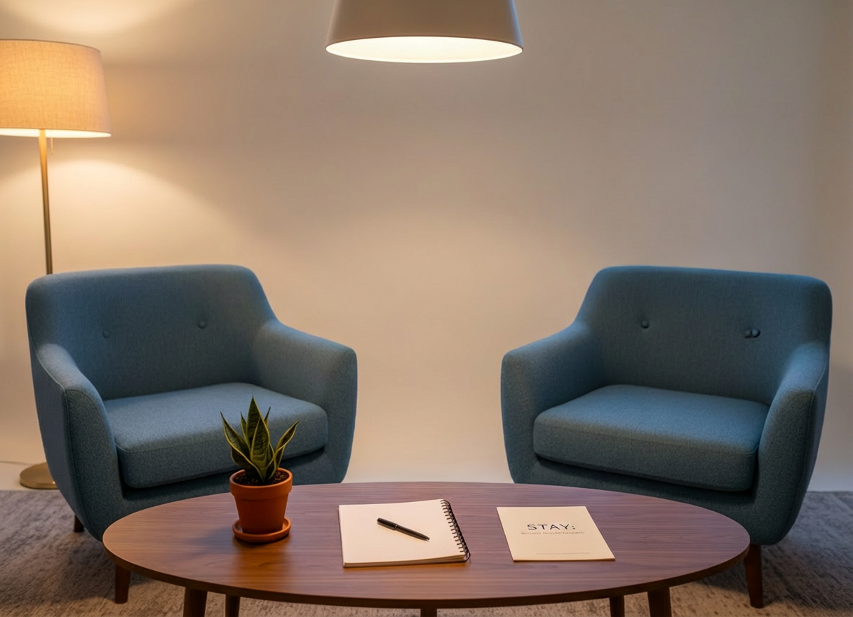 A serene consultation space featuring two empty, mid-century modern armchairs upholstered in soft, slate-blue fabric, angled slightly toward each other across a low, natural-wood coffee table. On the table rests an open notebook with a pen, a small potted snake plant, and a folded brochure labeled “STAY; Mental Health Support” in understated typography. Floor-to-ceiling windows reveal a blurred glimpse of Austin’s skyline at dusk, with city lights beginning to glow. Warm overhead and floor-lamp lighting blend with the fading natural light, casting a calming, golden ambiance. Photographed at a slightly elevated angle with moderate depth of field, the composition emphasizes safety, readiness for conversation, and a professional, healing environment.