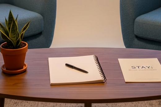 A serene consultation space featuring two empty, mid-century modern armchairs upholstered in soft, slate-blue fabric, angled slightly toward each other across a low, natural-wood coffee table. On the table rests an open notebook with a pen, a small potted snake plant, and a folded brochure labeled “STAY; Mental Health Support” in understated typography. Floor-to-ceiling windows reveal a blurred glimpse of Austin’s skyline at dusk, with city lights beginning to glow. Warm overhead and floor-lamp lighting blend with the fading natural light, casting a calming, golden ambiance. Photographed at a slightly elevated angle with moderate depth of field, the composition emphasizes safety, readiness for conversation, and a professional, healing environment.